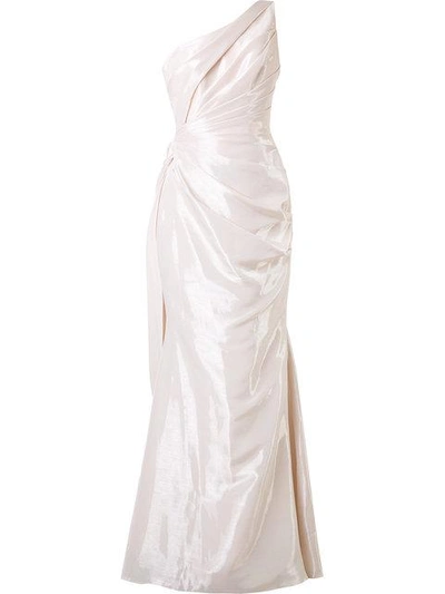 Romona Keveza One Shoulder Liquid Satin Draped Gown - White