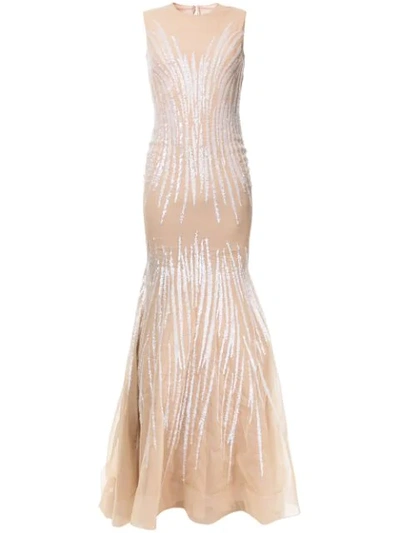 Jean Fares Couture Sunray Beaded Mermaid Gown In Neutrals