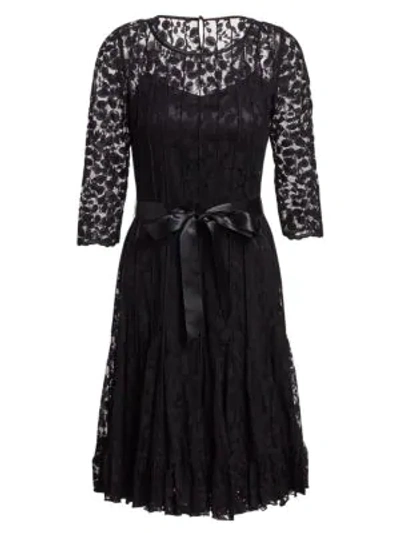 Teri Jon By Rickie Freeman Women's Three-quarter Sleeve Lace Flare Dress In Black