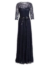 Teri Jon By Rickie Freeman Lace Pintuck Gown In Navy