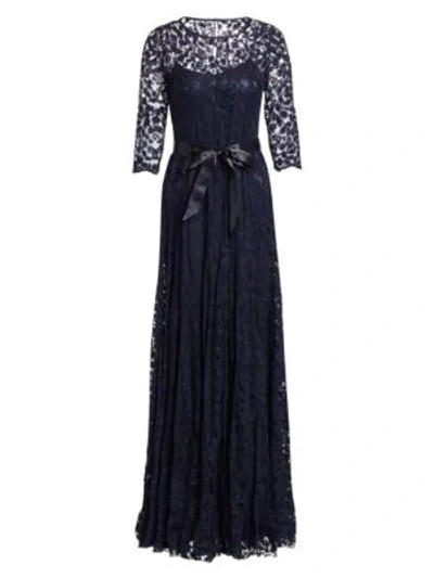 Teri Jon By Rickie Freeman Lace Pintuck Gown In Navy