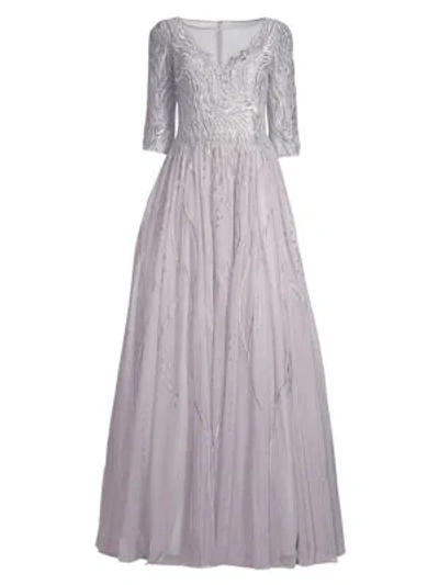 Basix Black Label Embroidered Illusion Gown In Grey
