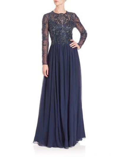 Basix Black Label Long-sleeve Beaded Gown In Navy