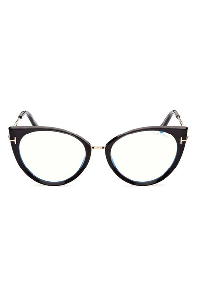 Tom Ford 54mm Blue Light Blocking Cat Eye Glasses In Shiny Black Cryst