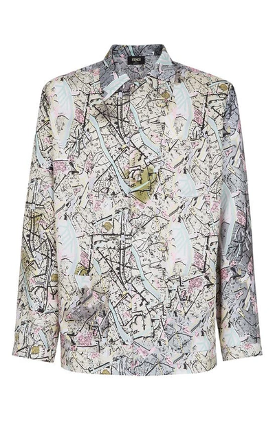 Fendi Map-motif Long-sleeve Shirt In Grau