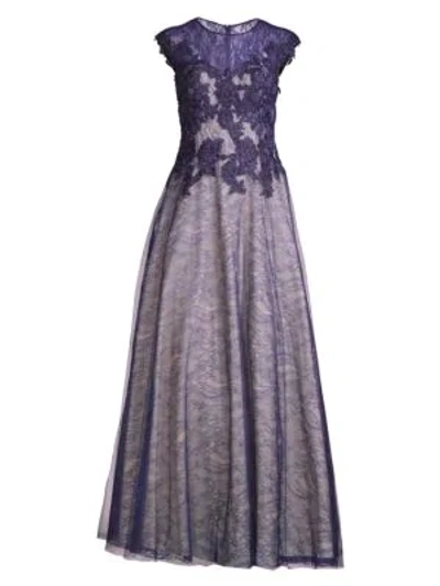 Basix Black Label Women's Illusion Lace Accented Gown In Navy