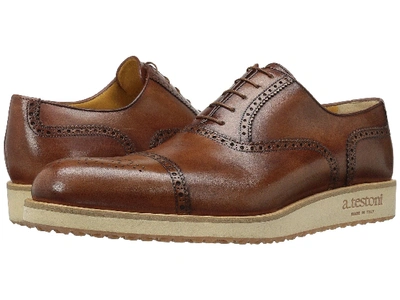 A. Testoni' Brogue Delave   Leather Oxfords In Caramel