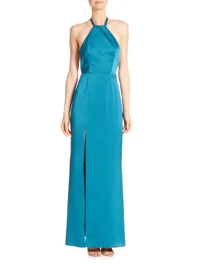 Abs By Allen Schwartz Open Back Halter Tie Gown In Peacock