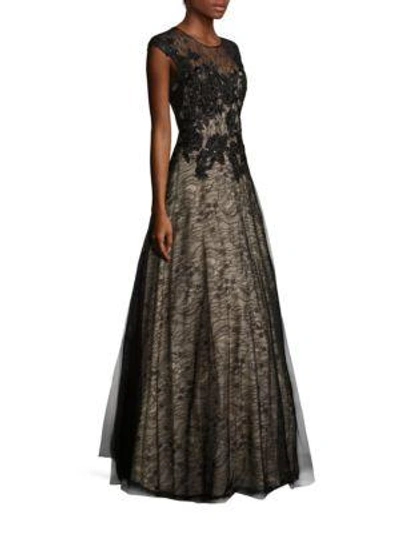 Basix Black Label Illusion Lace Accented Gown In Black
