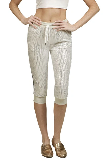 Nikki Lund Sequin Side Stripe Capri Pants In Silver