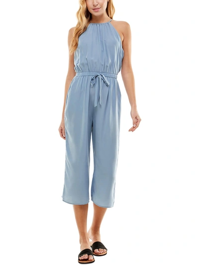 Kingston Grey Juniors' Solid Cropped Keyhole-back Jumpsuit In Blue