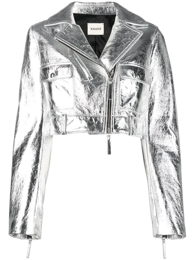 Khaite Meyla Crop Metallic Lambskin Leather Moto Jacket In Silver