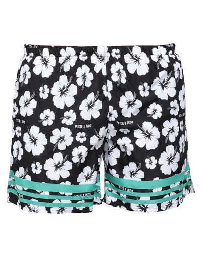 Yes I Am Black Polyester Hibiscus Swim Trunks