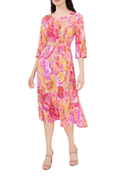 Chaus Paisley Tie Waist A-line Dress In White/ Fuchsia/ Yellow