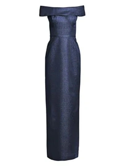 Teri Jon Off-the-shoulder Metallic Jacquard Gown In Sapphire