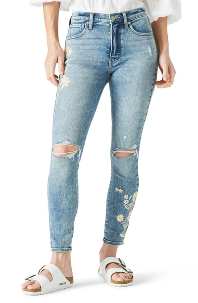 Lucky Brand Bridgette Ripped Embroidered Skinny Jeans In Blue