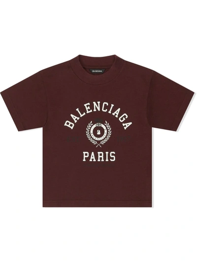 Balenciaga Kids' College 1917 Cotton T-shirt In Burgundy