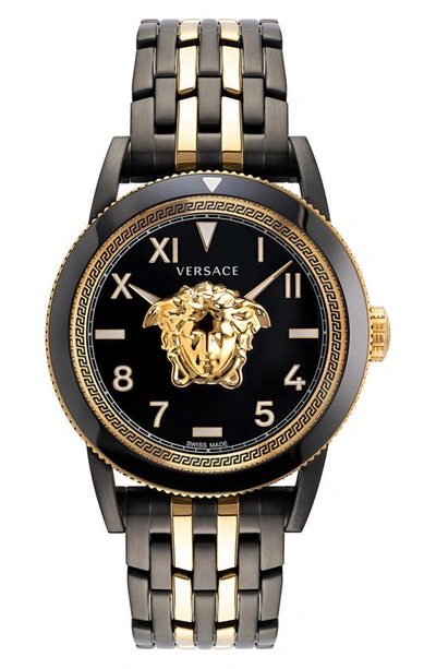 Versace Men's Palazzo Two-tone Matte Stainless Steel Greca Bracelet Watch In Black+gold