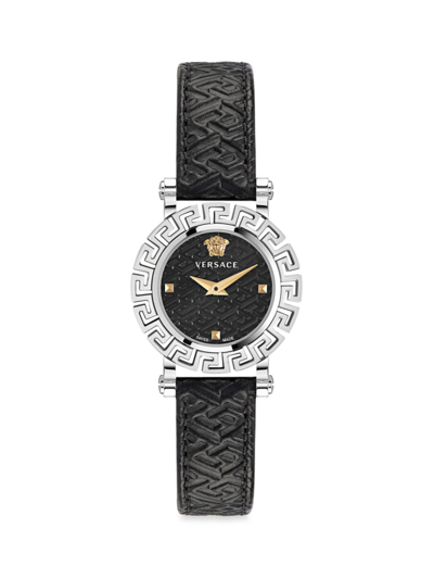Versace Greca Glam Watch With Black Leather Strap, Stainless Steel