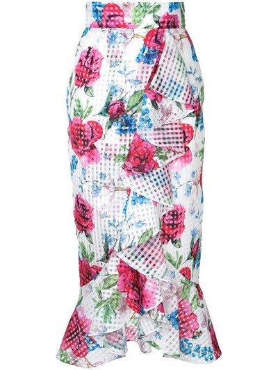Bambah Floral Gingham Print Ruffle Detail Skirt In White
