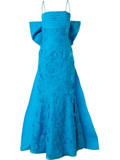 Bambah Fish Tail Floral Embroidered Evening Dress In Blue
