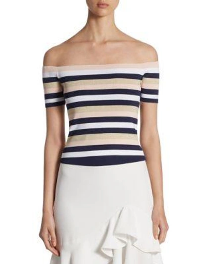 Scripted Striped Rib-knit Off-the-shoulder Sweater In Navy Stripe