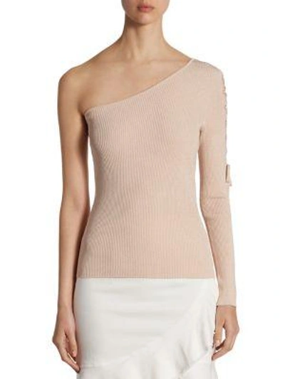 Scripted Lace-up One-shoulder Sweater In Blush