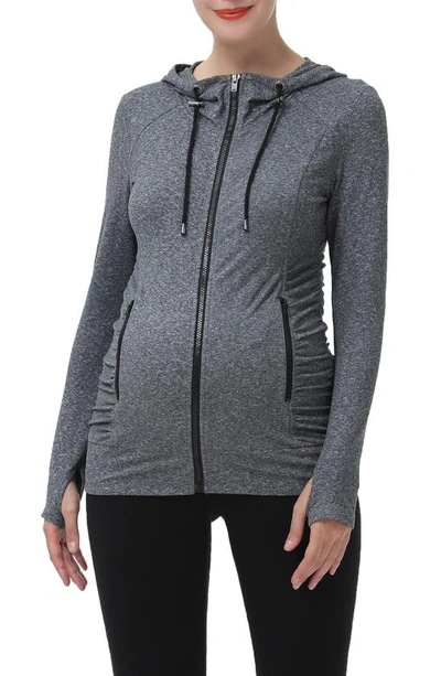 Kimi And Kai Momo Ruched Zip Maternity Hoodie In Dark Heather Gray