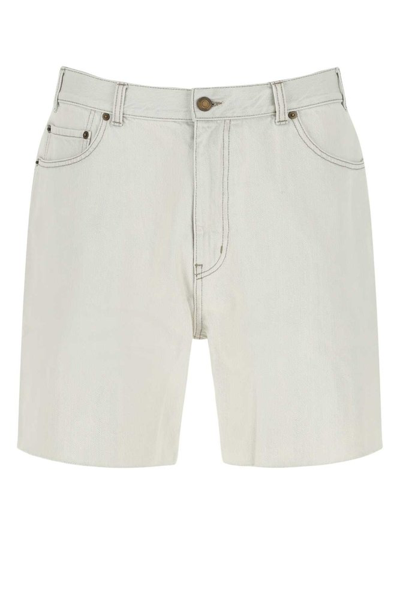 Saint Laurent Tonal Stitching Denim Bermuda Shorts In White