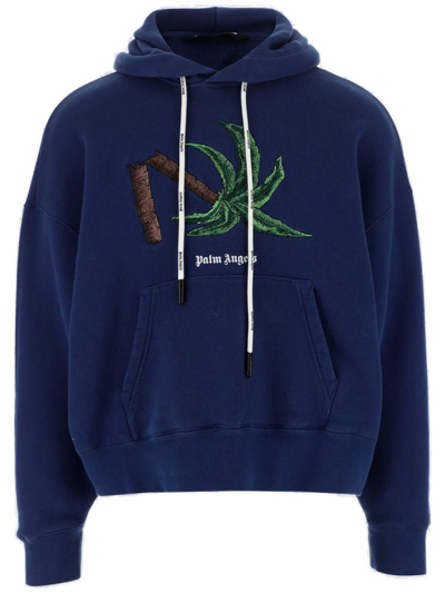 Palm Angels Broken Palm Embroidery Cotton Hoodie In Blue