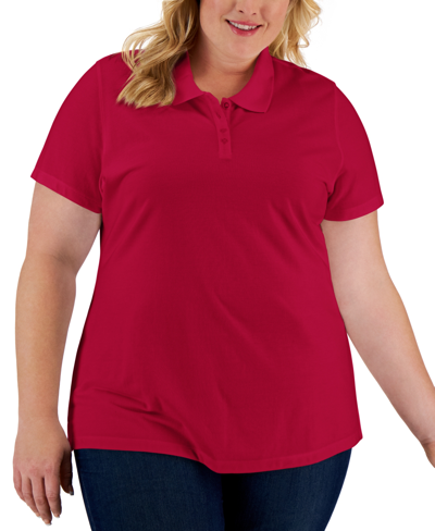 Karen Scott Plus Size Cotton Short-sleeve Polo Shirt, Created For Macy's In New Red Amore