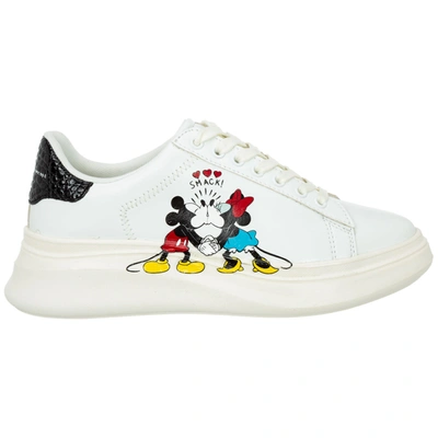 Moa Master Of Arts Moa Woman's White Leather Sneakers With Mickey Mouse Kiss Print