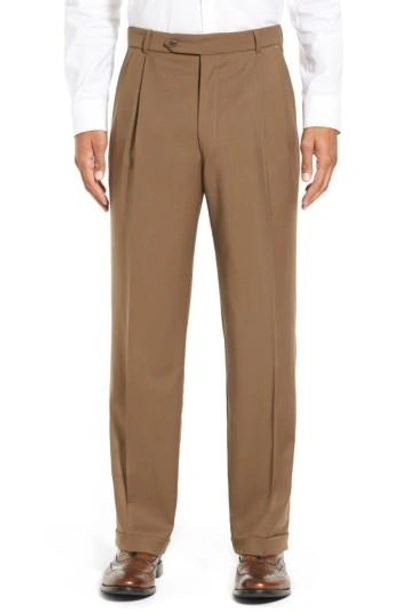 Ballin Classic Fit Pleated Solid Wool Dress Pants In Saddle