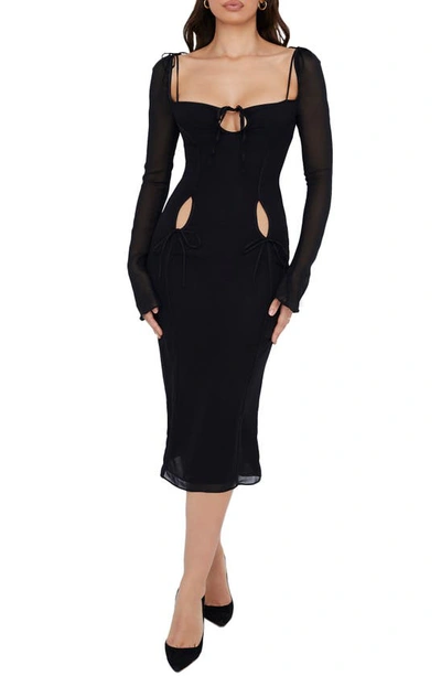 House Of Cb Ophelia Mesh Sleeve Georgette Bodycon Dress In Black