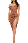 House Of Cb Lulu Corset One-shoulder Satin Midi Dress In Brown