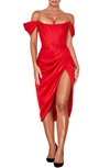 House Of Cb Loretta Off The Shoulder Satin Corset Dress In Red