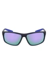 Nike Adrenaline 64mm Rectangular Sunglasses In Matte Obsidian/ Violet Mirror