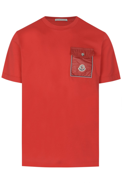 Moncler Patch-pocket Brand-badge Cotton-jersey T-shirt In Red