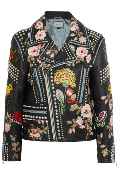 Gucci Embroidered Studded Leather Biker Jacket In Black/rose | ModeSens