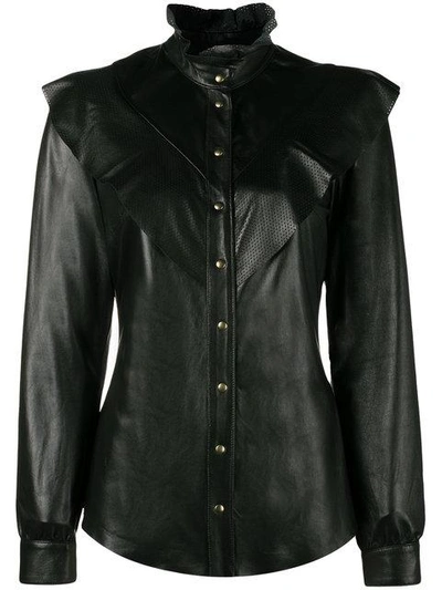 Skiim Alice Ruffle Neck Leather Blouse In Black