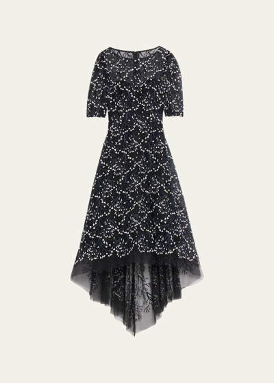 Rickie Freeman For Teri Jon 3d Lace High-low Cocktail Dress In Black Multi