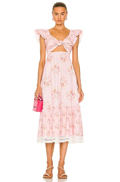 Loveshackfancy Emeka Floral Gingham Seersucker Midi Dress In Pink