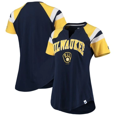 Starter Women's  Navy, Gold Milwaukee Brewers Game On Notch Neck Raglan T-shirt In Navy,gold