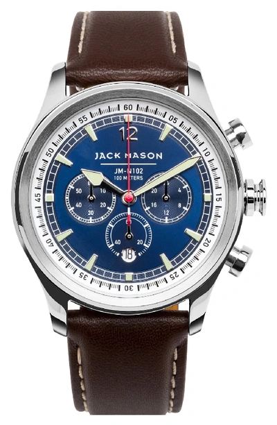 Jack Mason Nautical Chronograph Leather Strap Watch, 42mm In Navy/ Brown