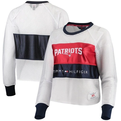 Tommy Hilfiger Women's  White And Red New England Patriots Mesh Raglan Long Sleeve T-shirt In White,red
