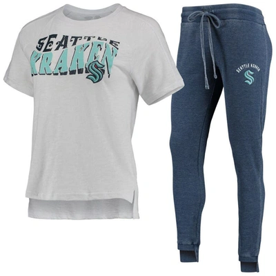 Concepts Sport Deep Sea Blue/white Seattle Kraken Resurgence Slub Burnout Raglan T-shirt & Joggers S In Deep Sea Blue,white