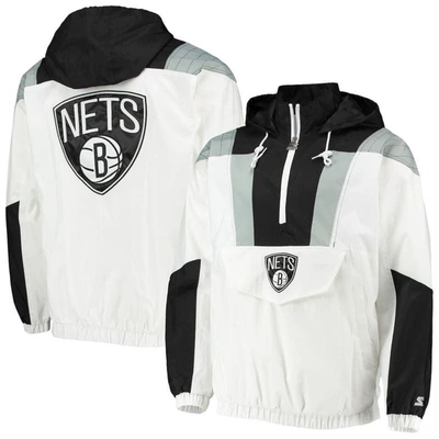 Starter White Brooklyn Nets Striker Crinkle Half-zip Hoodie Jacket