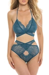 Oh La La Cheri Charlena Crossover Halter Bralette & High Waist Panties Set In Blue Coral