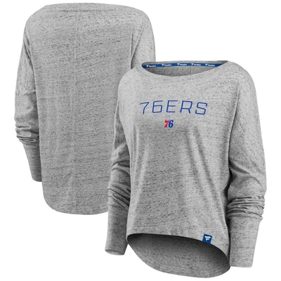 Fanatics Branded Heathered Gray Philadelphia 76ers Nostalgia Off-the-shoulder Long Sleeve T-shirt In Heather Gray