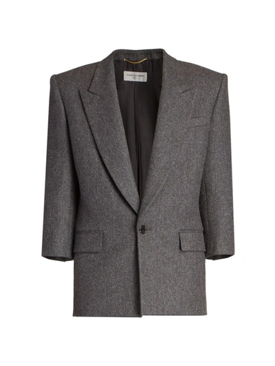 Saint Laurent Cropped-sleeve Wool-tweed Blazer In Gris Chine Fonce